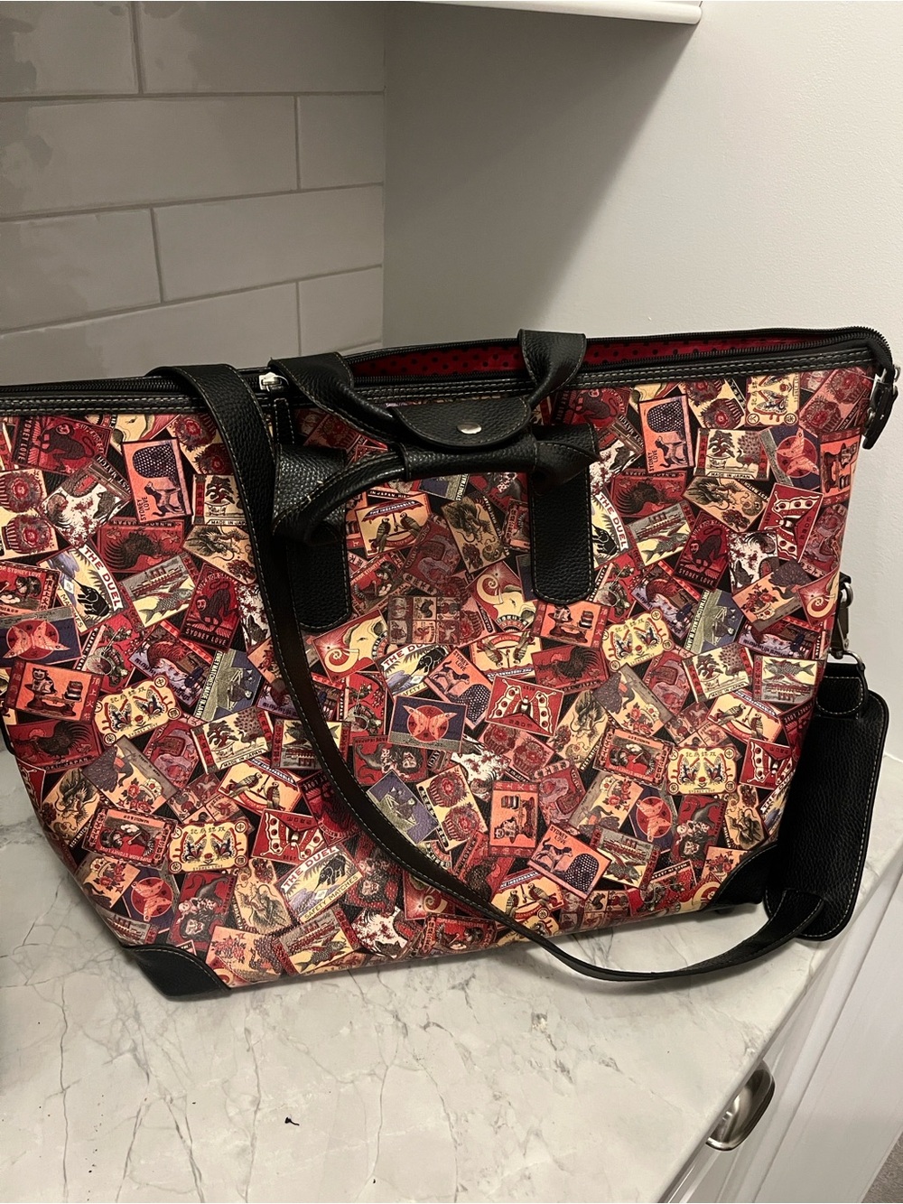 Stylish Red Patterned Women's Tote Bag with Black Trim